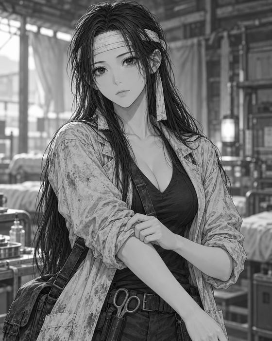 ハンナの顔。額に白い布を巻いた長い黒髪の女性