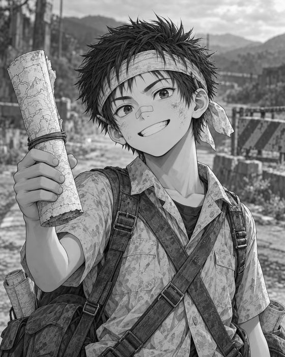 ミロの顔。額に布を巻いて笑う少年
