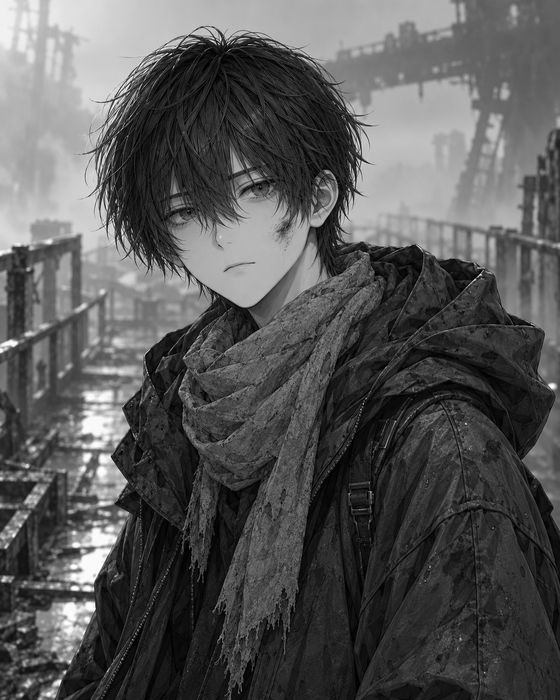レンの顔。灰色のスカーフを巻いた黒髪の少年